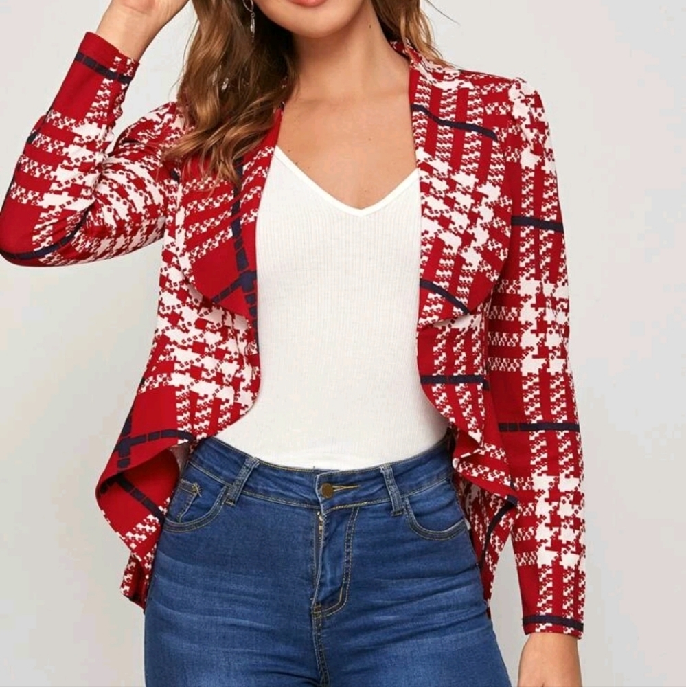 New women asymmetrical hem plaid Red and white Blazer